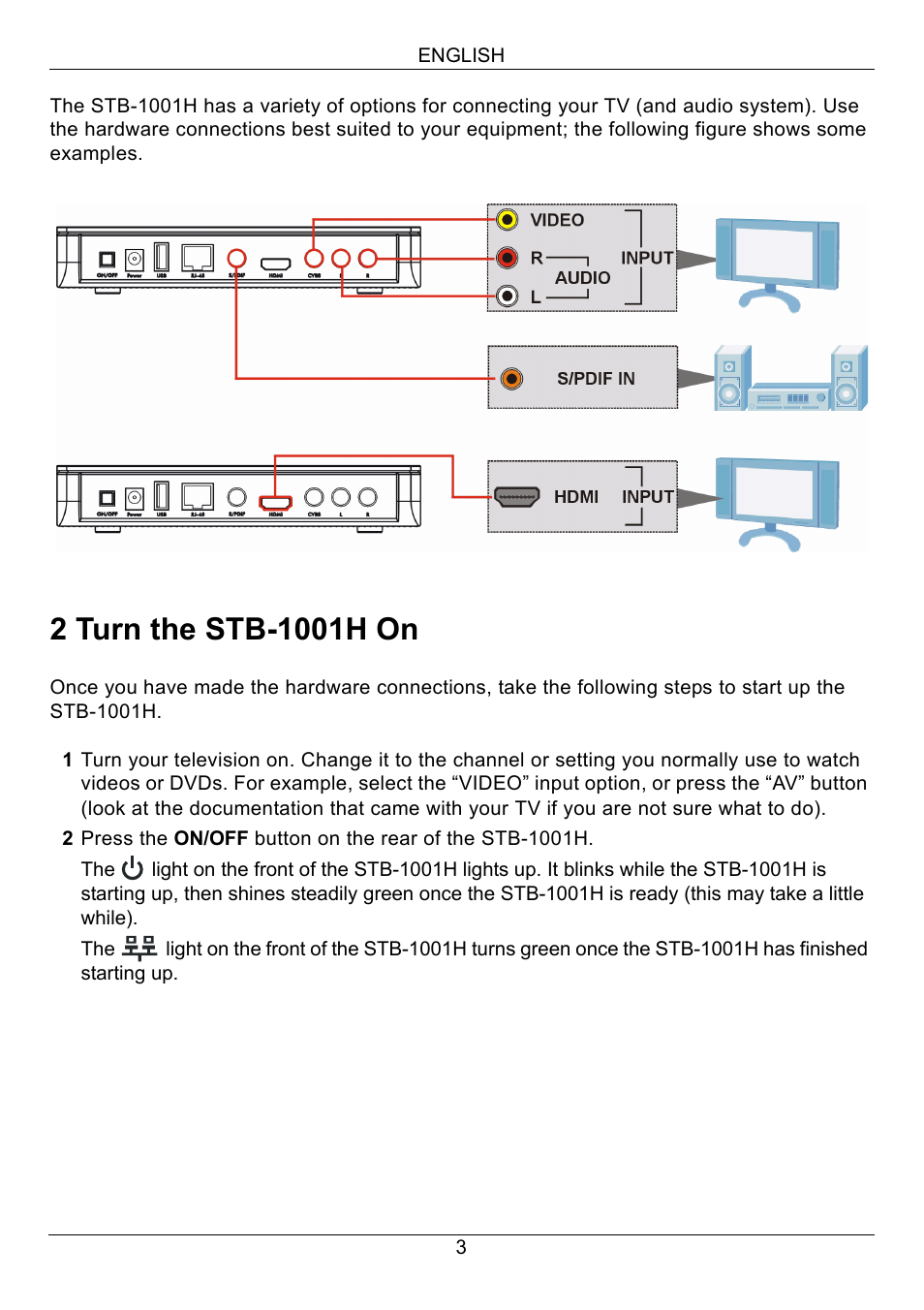2 turn the stb-1001h on, Turn the stb-1001h on | ZyXEL Communications STB-1001H User Manual | Page 4 / 13