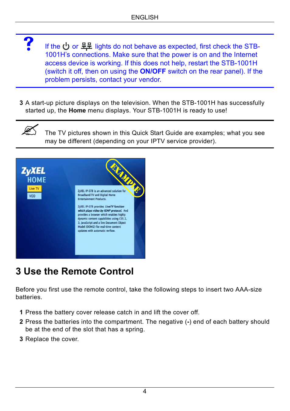 3 use the remote control, Use the remote control | ZyXEL Communications STB-1001H User Manual | Page 5 / 13