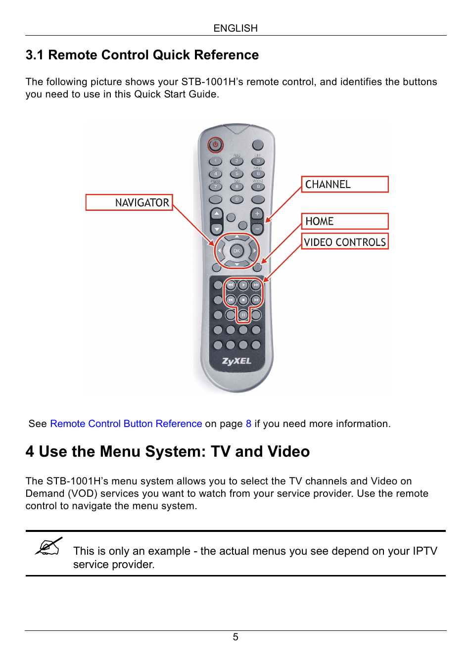 1 remote control quick reference, 4 use the menu system: tv and video, Use the menu system: tv and video | ZyXEL Communications STB-1001H User Manual | Page 6 / 13