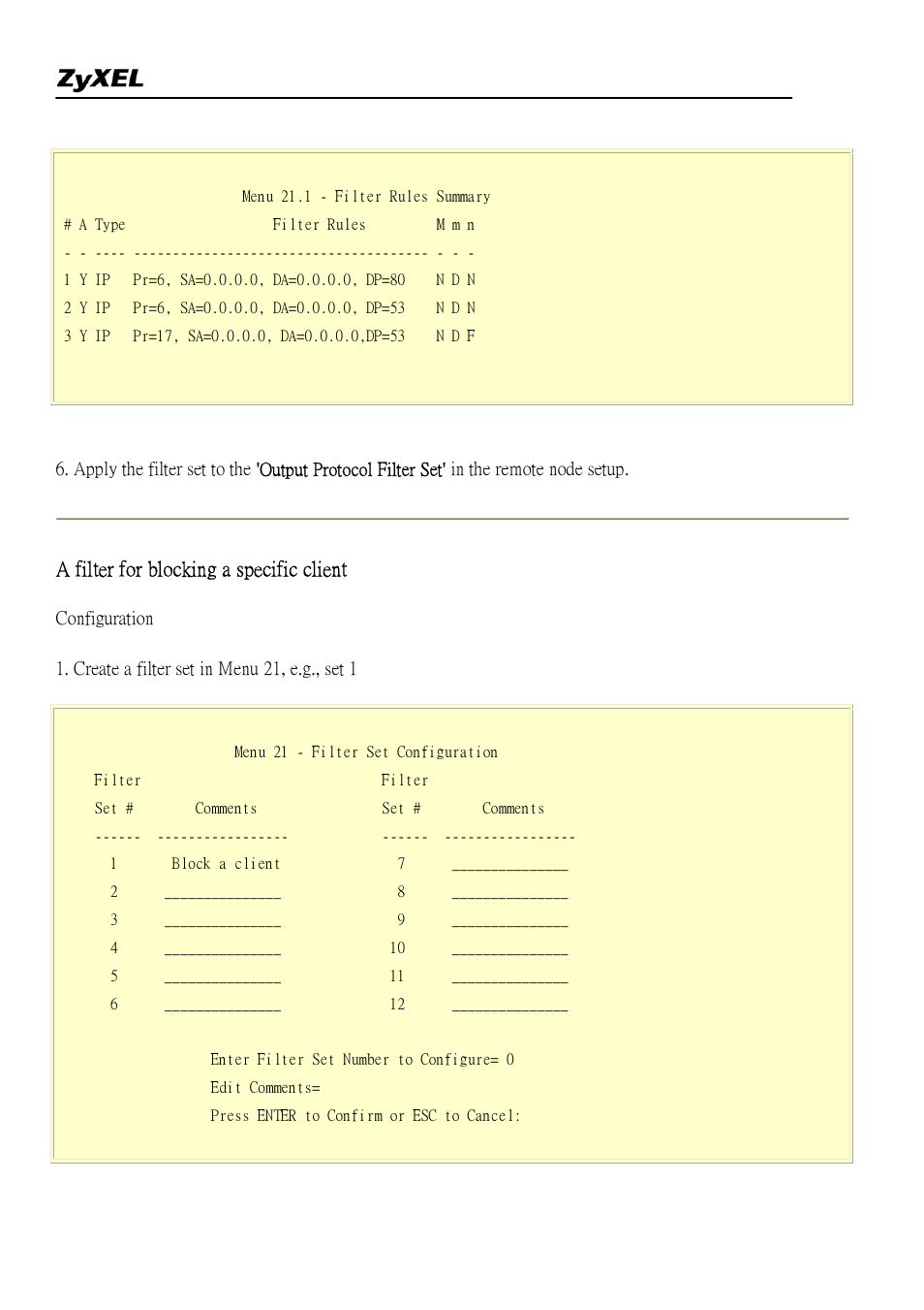 A filter for blocking a specific client | ZyXEL Communications 2304R-P1 User Manual | Page 26 / 124