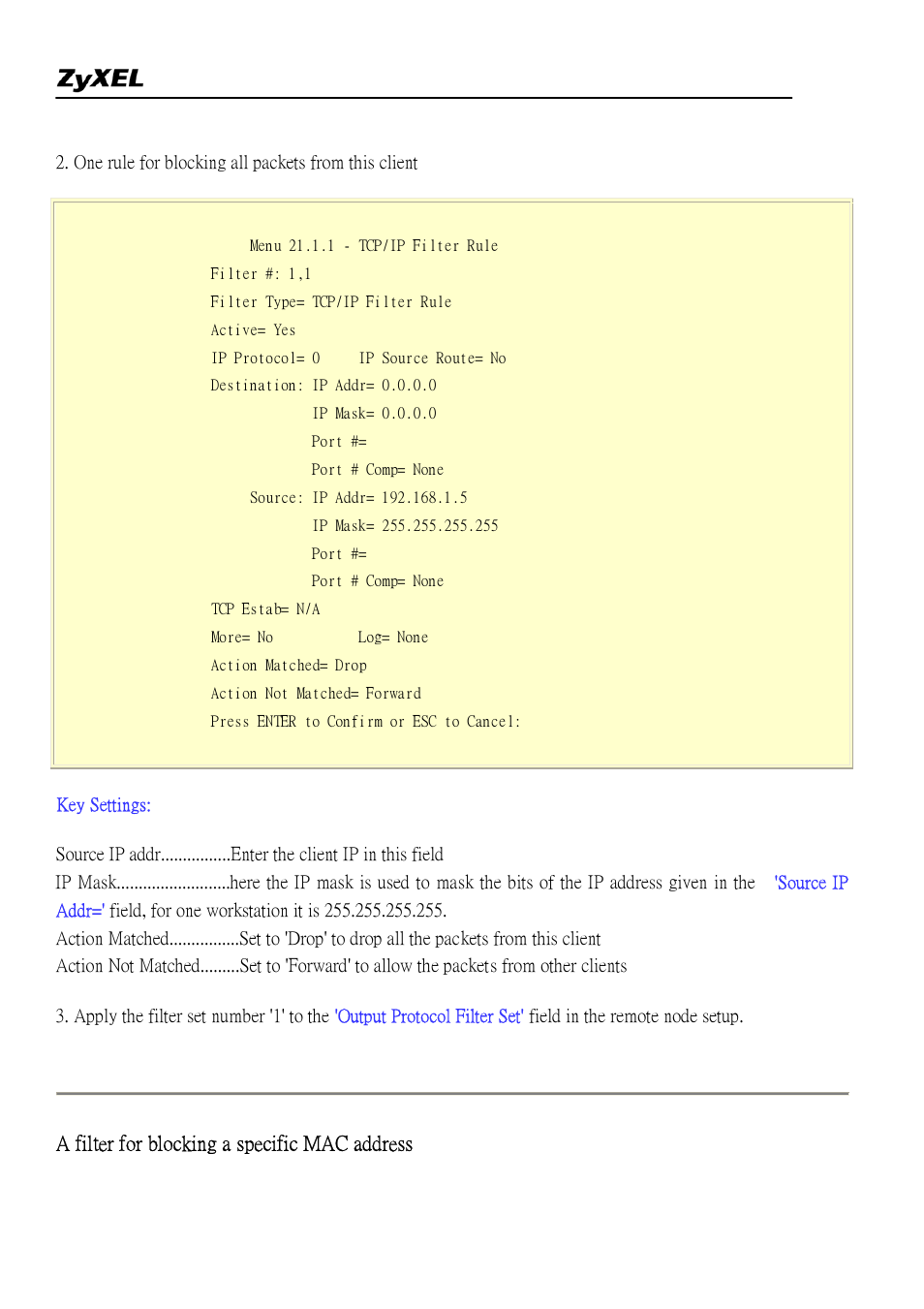 A filter for blocking a specific mac address | ZyXEL Communications 2304R-P1 User Manual | Page 27 / 124