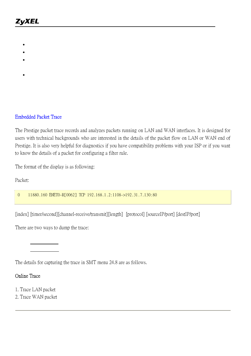 Using embedded packet trace | ZyXEL Communications 2304R-P1 User Manual | Page 98 / 124