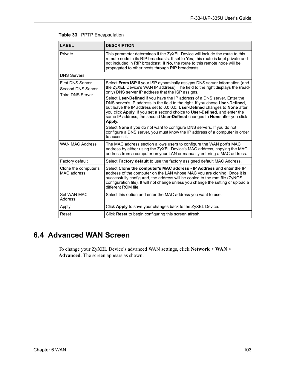 4 advanced wan screen | ZyXEL Communications P-334U User Manual | Page 103 / 335