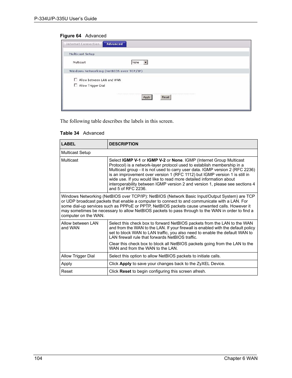 Figure 64 advanced, Table 34 advanced | ZyXEL Communications P-334U User Manual | Page 104 / 335