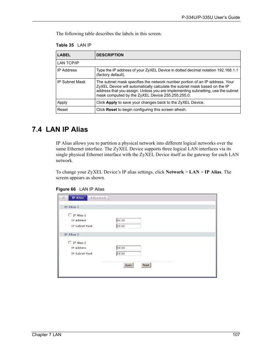 4 lan ip alias, Figure 66 lan ip alias, Table 35 lan ip | ZyXEL Communications P-334U User Manual | Page 107 / 335