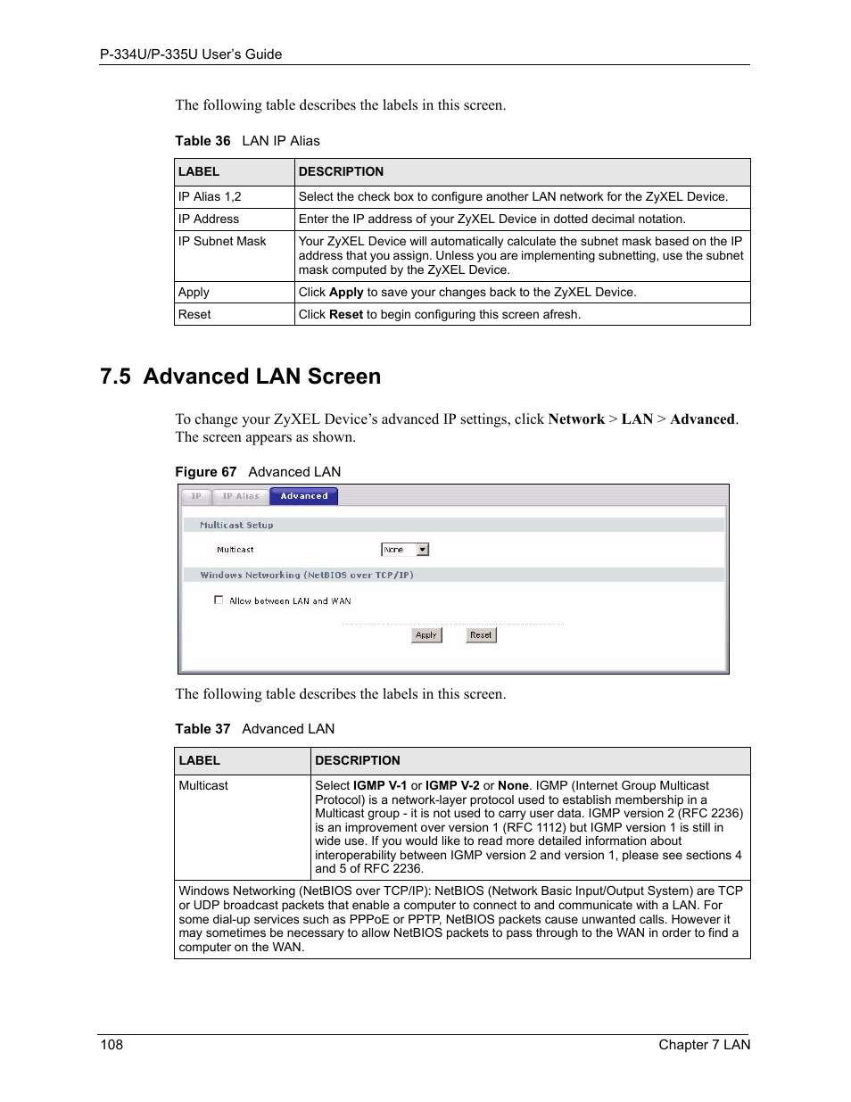 5 advanced lan screen, Figure 67 advanced lan, Table 36 lan ip alias | Table 37 advanced lan | ZyXEL Communications P-334U User Manual | Page 108 / 335