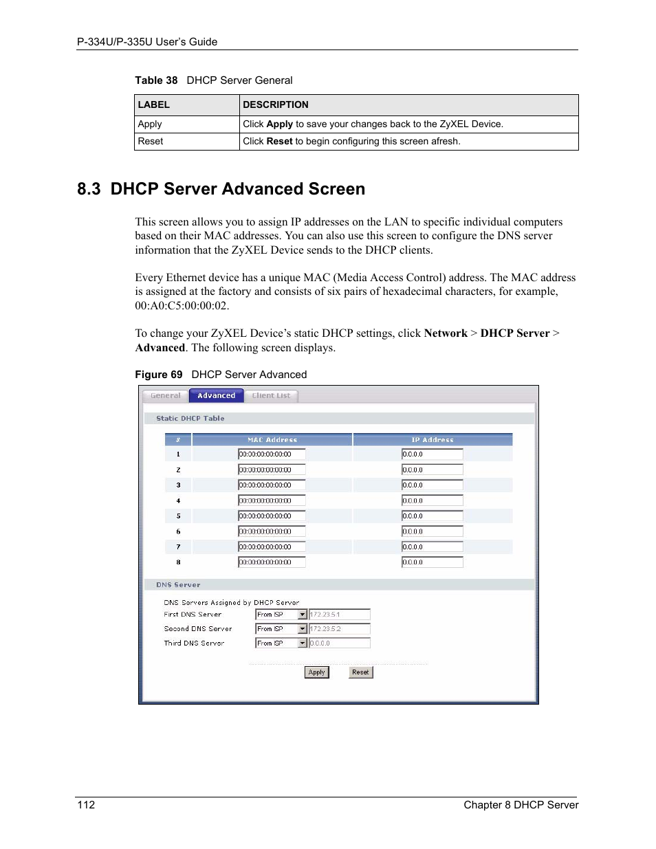 3 dhcp server advanced screen, Figure 69 dhcp server advanced | ZyXEL Communications P-334U User Manual | Page 112 / 335