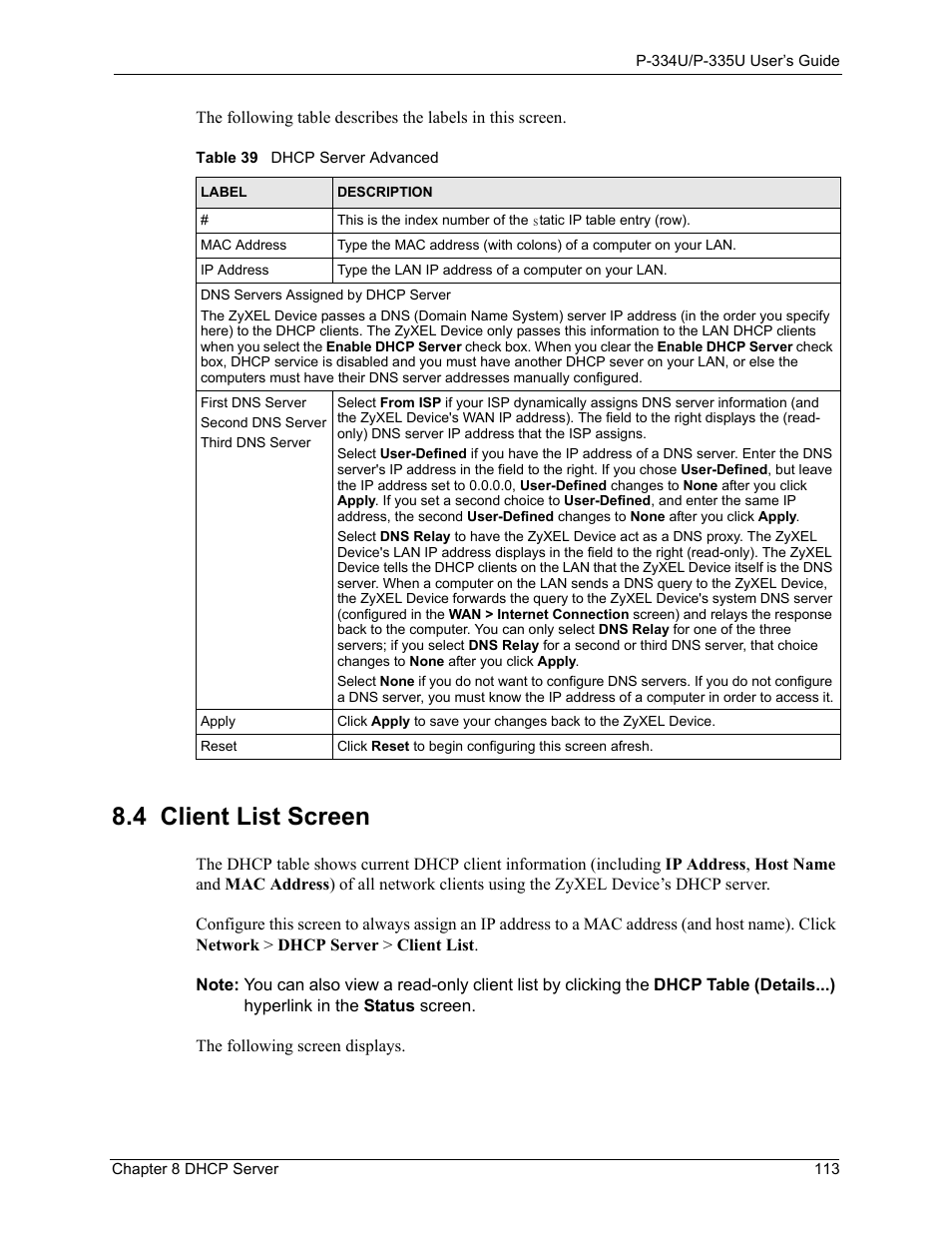 4 client list screen, Table 39 dhcp server advanced | ZyXEL Communications P-334U User Manual | Page 113 / 335