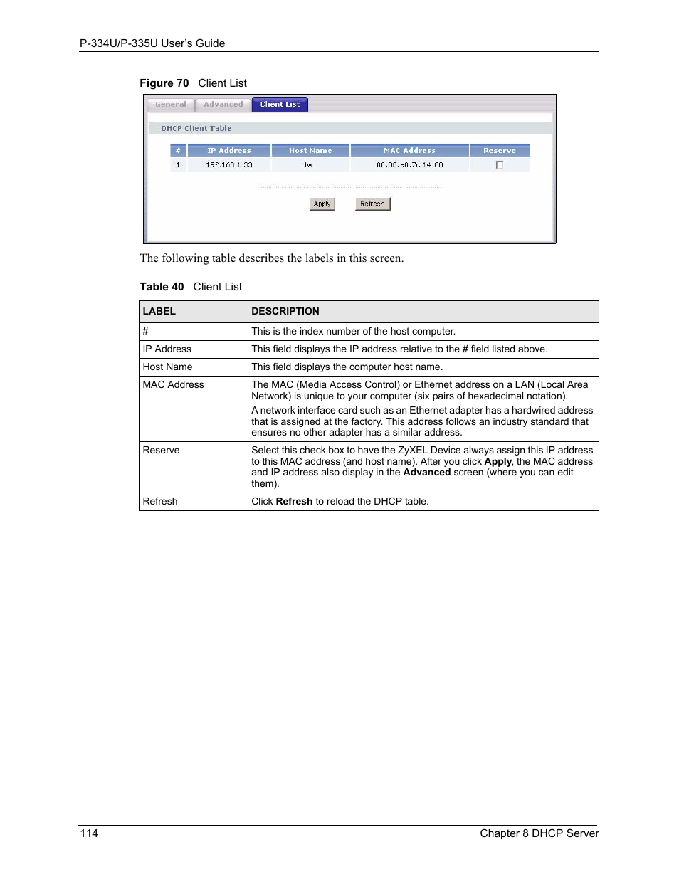 Figure 70 client list, Table 40 client list | ZyXEL Communications P-334U User Manual | Page 114 / 335