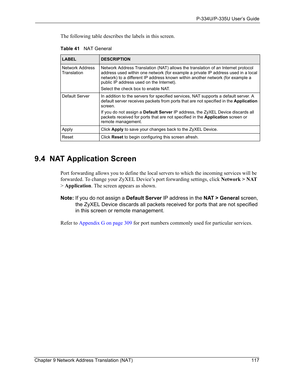 4 nat application screen, Table 41 nat general | ZyXEL Communications P-334U User Manual | Page 117 / 335