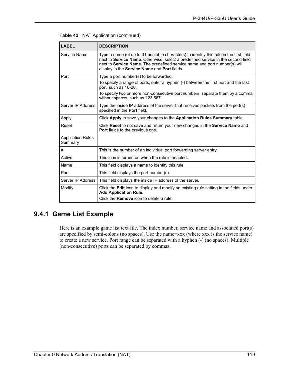 1 game list example | ZyXEL Communications P-334U User Manual | Page 119 / 335