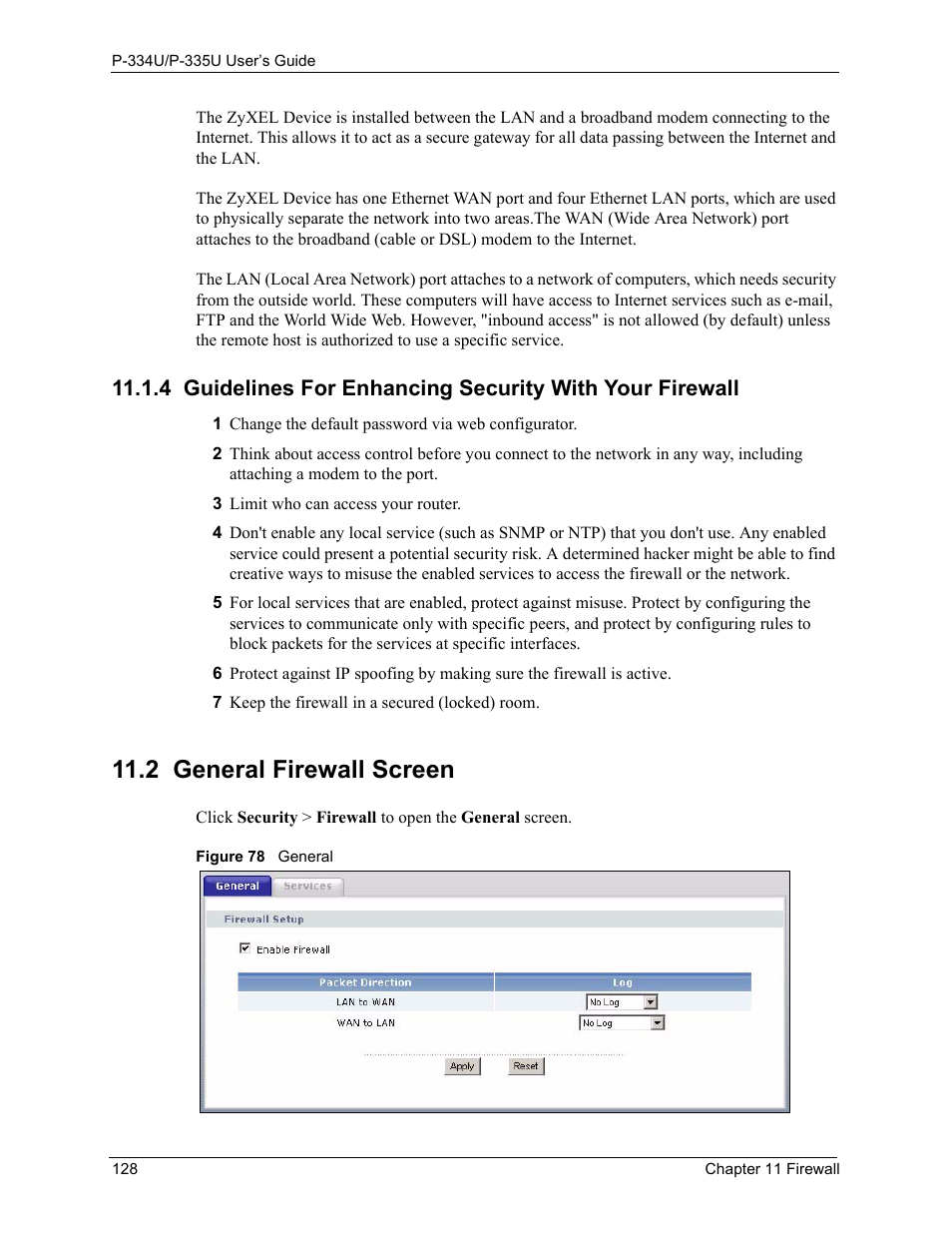 2 general firewall screen, Figure 78 general | ZyXEL Communications P-334U User Manual | Page 128 / 335