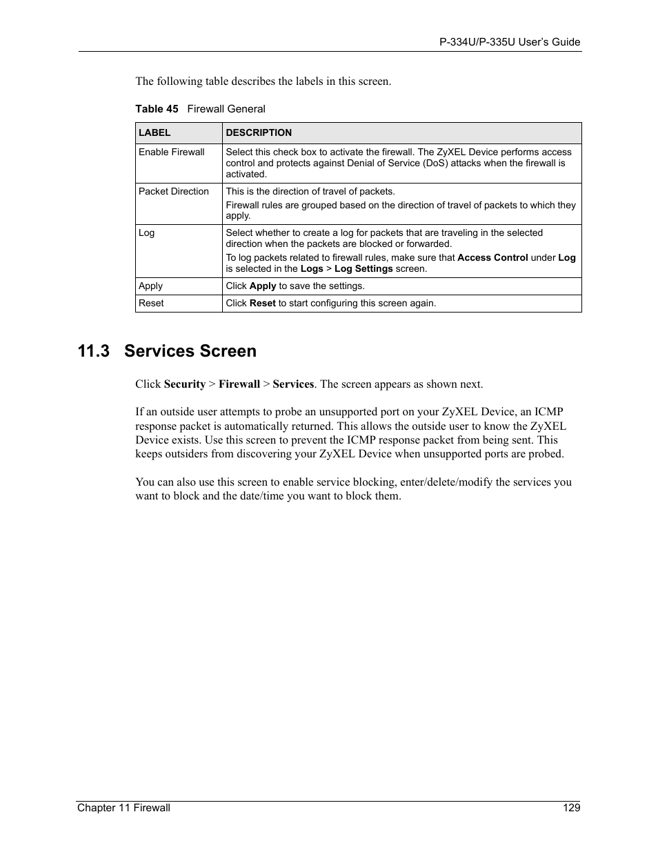 3 services screen, Table 45 firewall general | ZyXEL Communications P-334U User Manual | Page 129 / 335