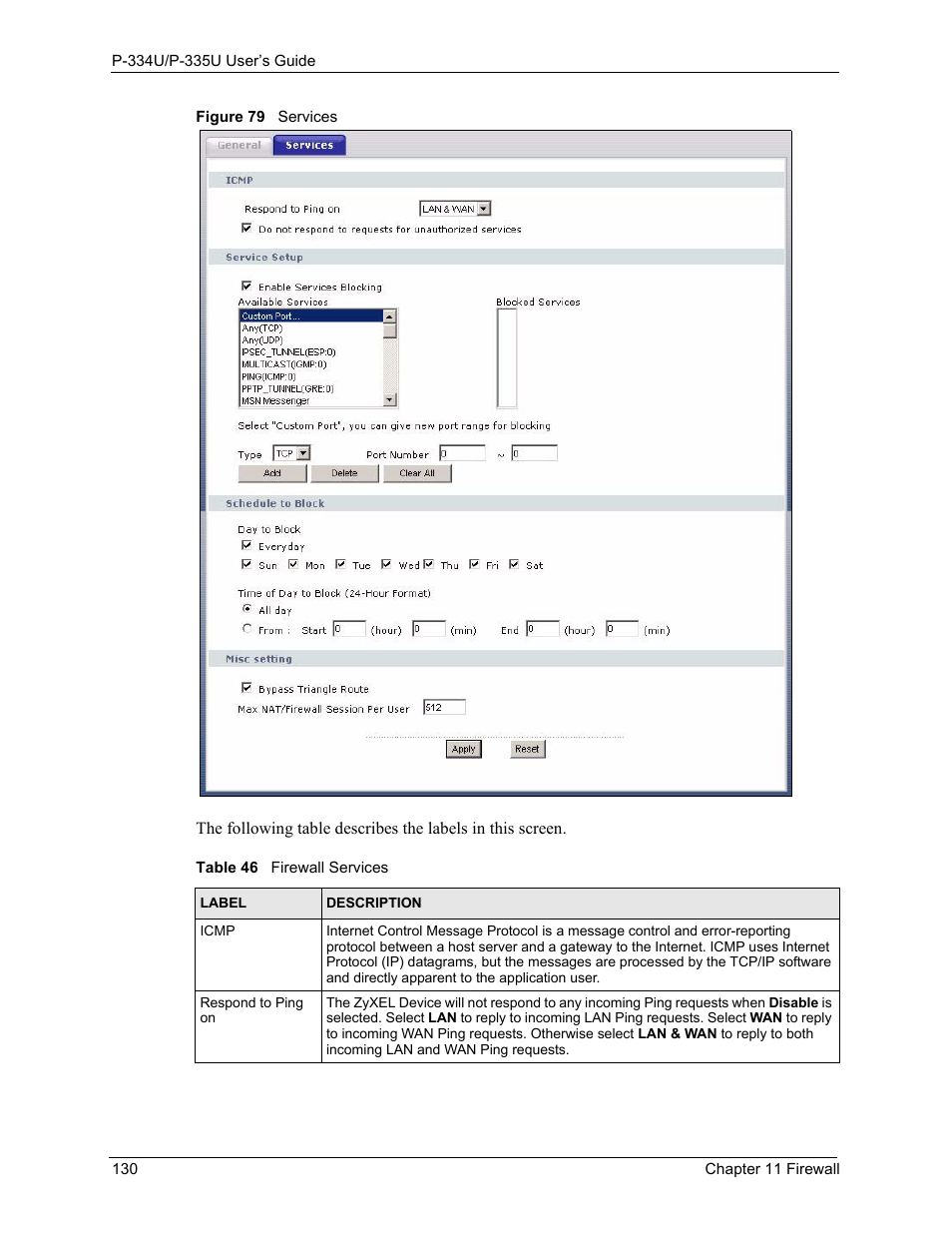 Figure 79 services, Table 46 firewall services | ZyXEL Communications P-334U User Manual | Page 130 / 335