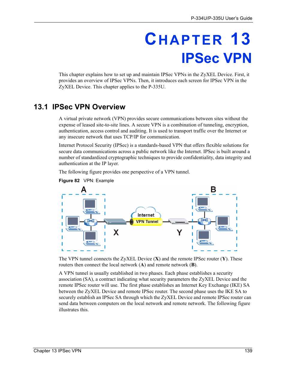 Ipsec vpn, 1 ipsec vpn overview, Chapter 13 ipsec vpn | Figure 82 vpn: example | ZyXEL Communications P-334U User Manual | Page 139 / 335