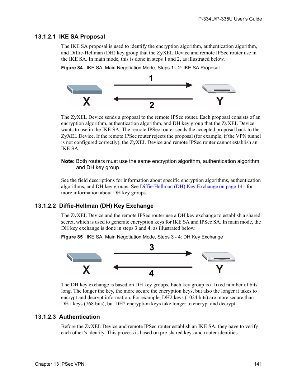 1 ike sa proposal, 2 diffie-hellman (dh) key exchange, 3 authentication | ZyXEL Communications P-334U User Manual | Page 141 / 335