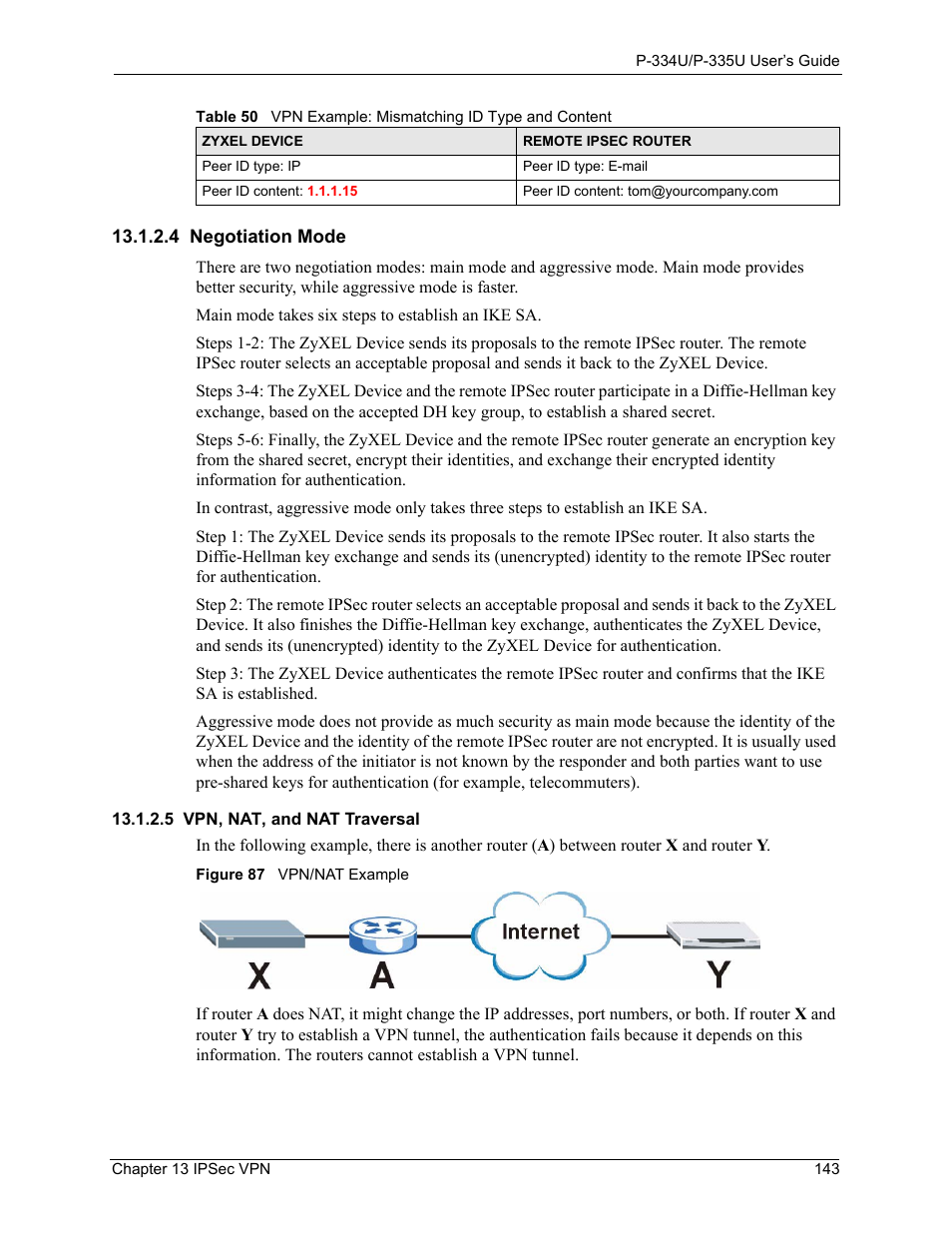 4 negotiation mode, 5 vpn, nat, and nat traversal, Figure 87 vpn/nat example | ZyXEL Communications P-334U User Manual | Page 143 / 335