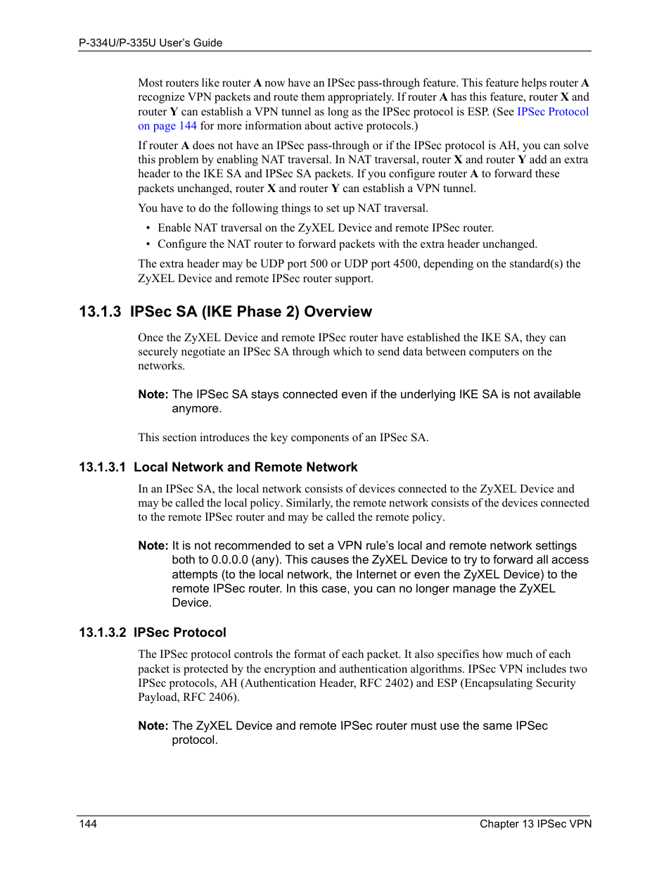 3 ipsec sa (ike phase 2) overview, 1 local network and remote network, 2 ipsec protocol | ZyXEL Communications P-334U User Manual | Page 144 / 335