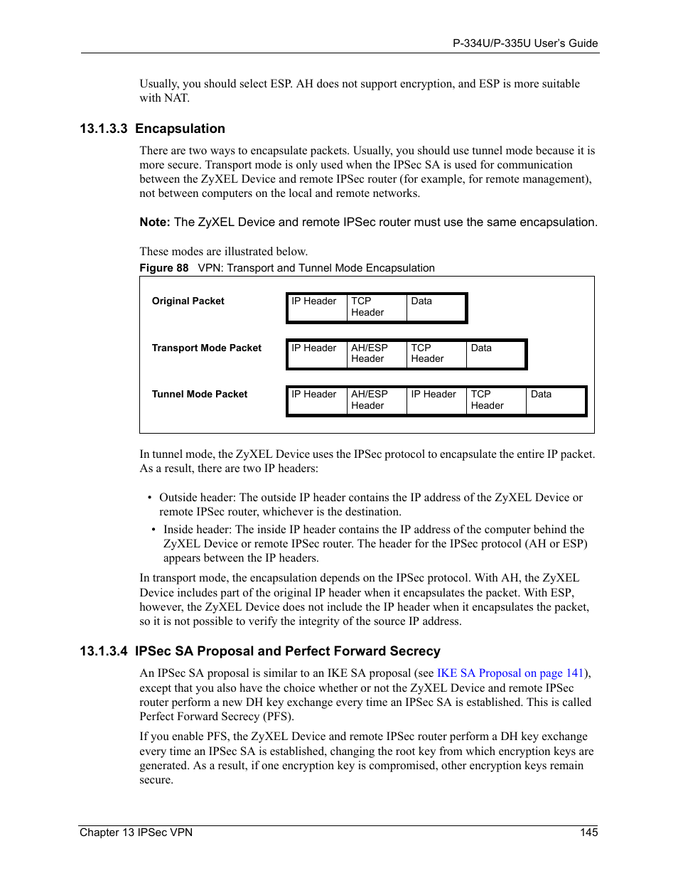 3 encapsulation, 4 ipsec sa proposal and perfect forward secrecy | ZyXEL Communications P-334U User Manual | Page 145 / 335