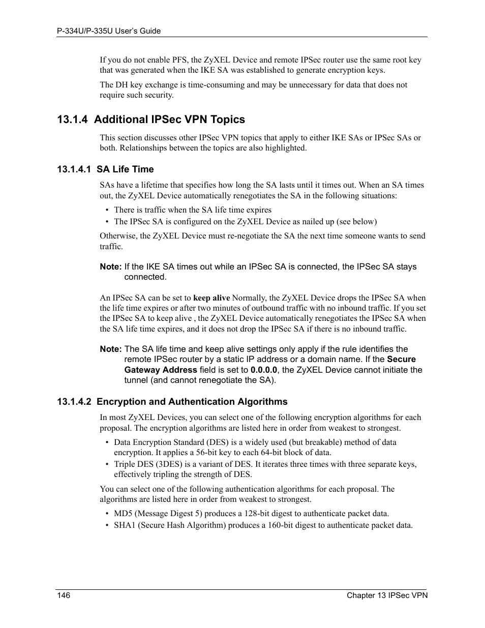 4 additional ipsec vpn topics, 1 sa life time, 2 encryption and authentication algorithms | ZyXEL Communications P-334U User Manual | Page 146 / 335