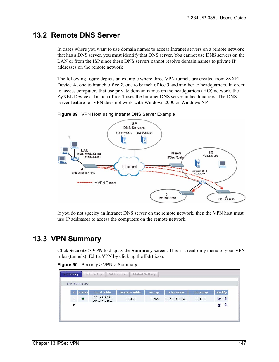 2 remote dns server, 3 vpn summary, 2 remote dns server 13.3 vpn summary | ZyXEL Communications P-334U User Manual | Page 147 / 335