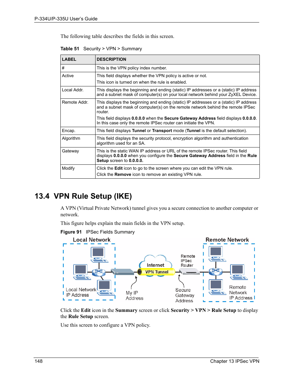 4 vpn rule setup (ike), Figure 91 ipsec fields summary, Table 51 security > vpn > summary | ZyXEL Communications P-334U User Manual | Page 148 / 335