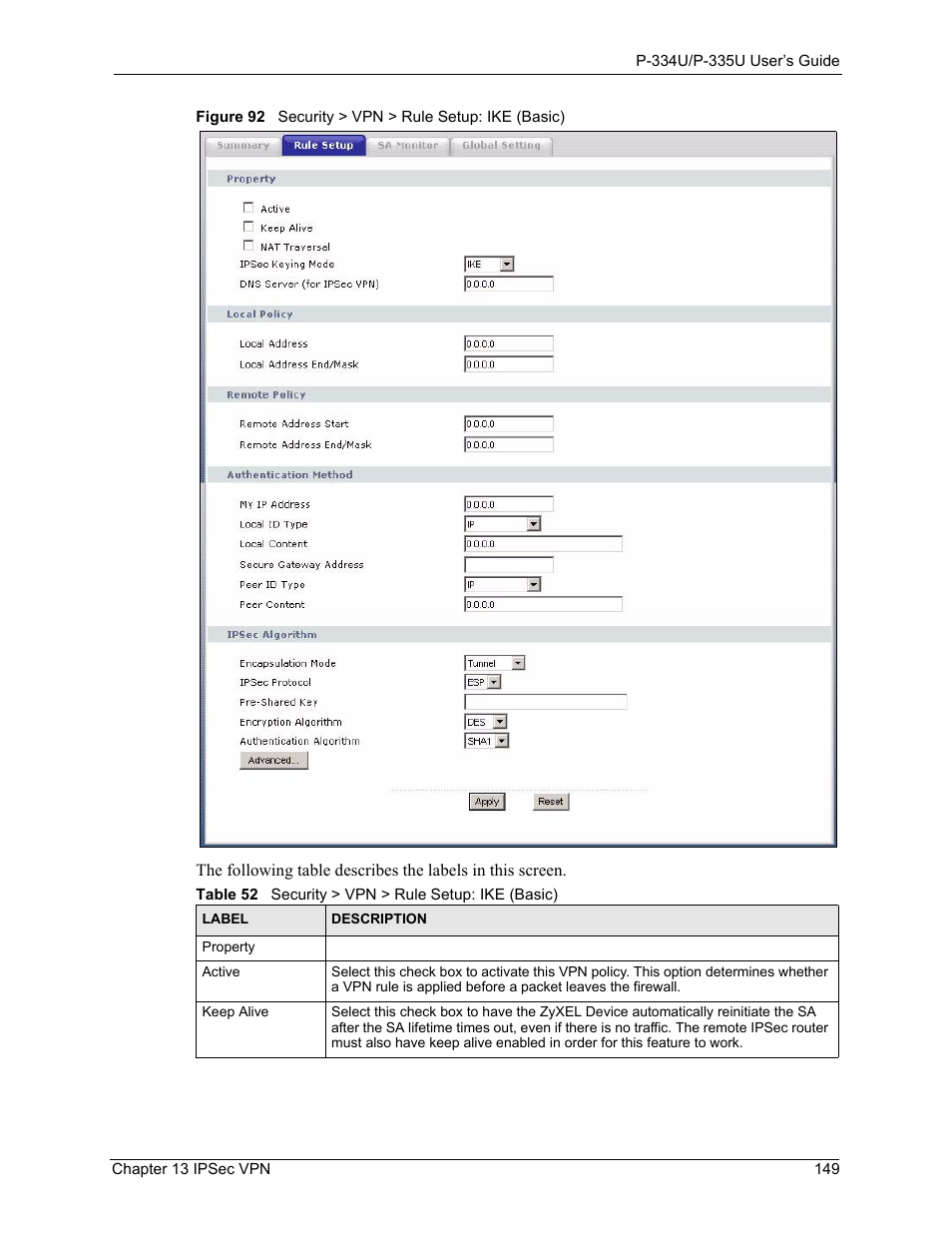 Figure 92 security > vpn > rule setup: ike (basic), Table 52 security > vpn > rule setup: ike (basic) | ZyXEL Communications P-334U User Manual | Page 149 / 335