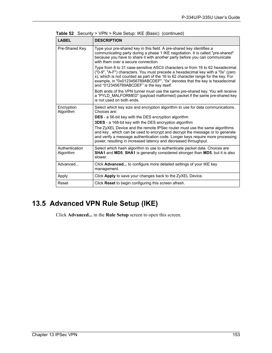 5 advanced vpn rule setup (ike) | ZyXEL Communications P-334U User Manual | Page 153 / 335