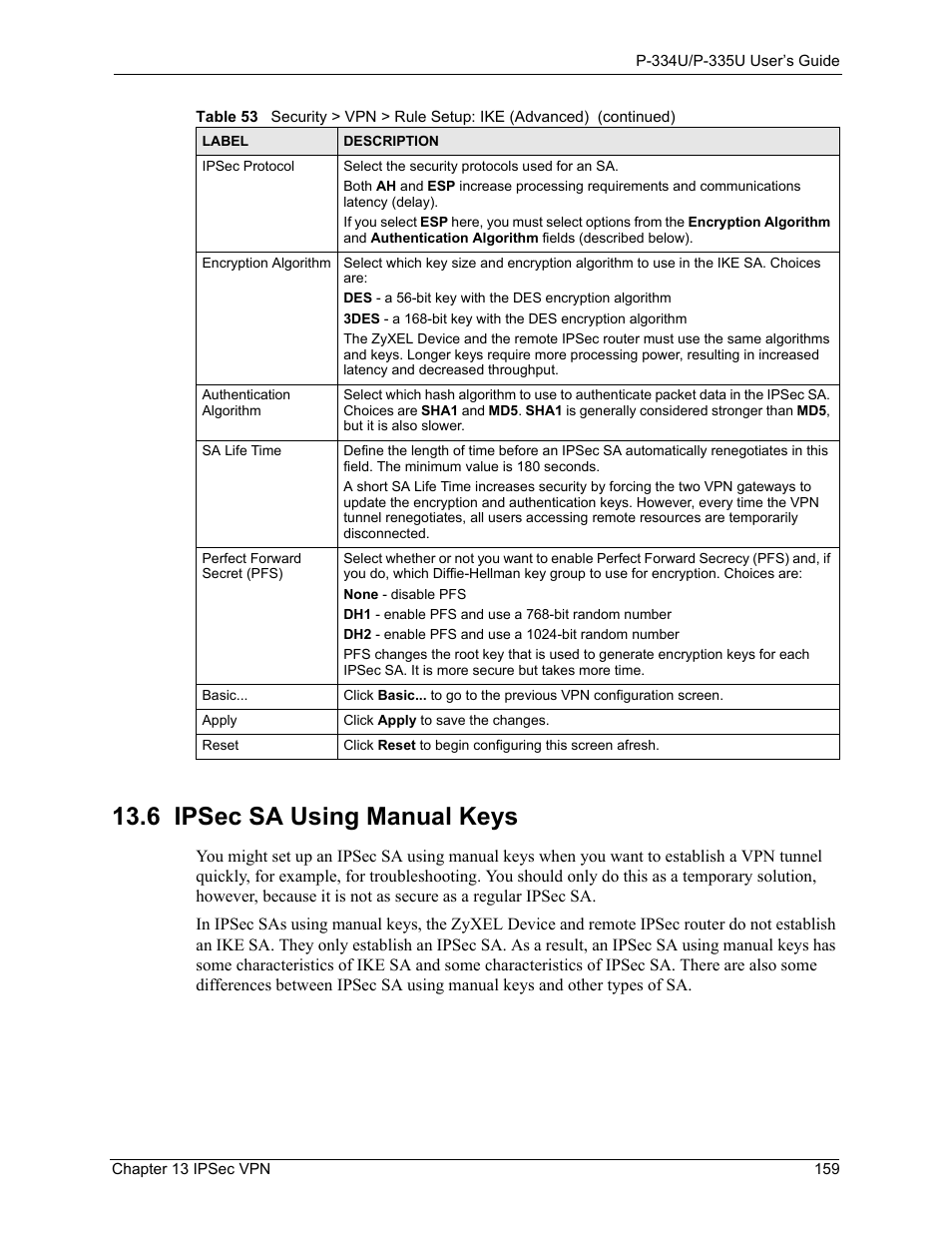 6 ipsec sa using manual keys | ZyXEL Communications P-334U User Manual | Page 159 / 335