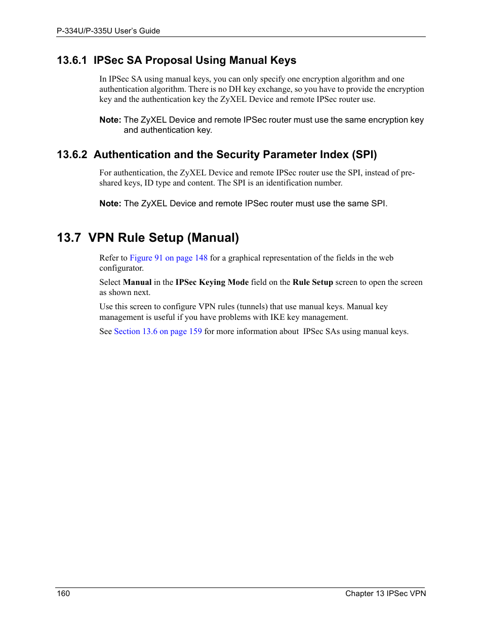 1 ipsec sa proposal using manual keys, 7 vpn rule setup (manual) | ZyXEL Communications P-334U User Manual | Page 160 / 335