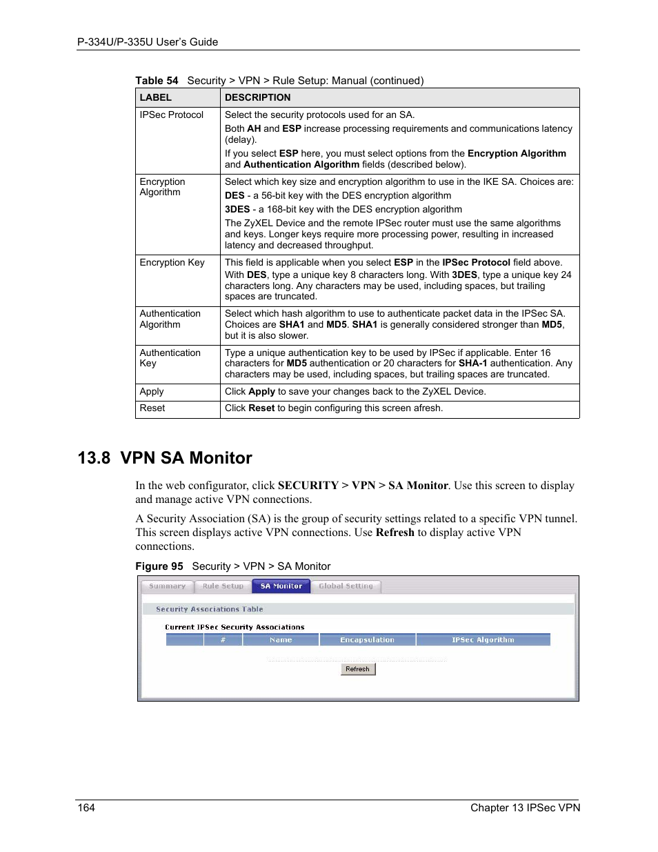 8 vpn sa monitor, Figure 95 security > vpn > sa monitor | ZyXEL Communications P-334U User Manual | Page 164 / 335