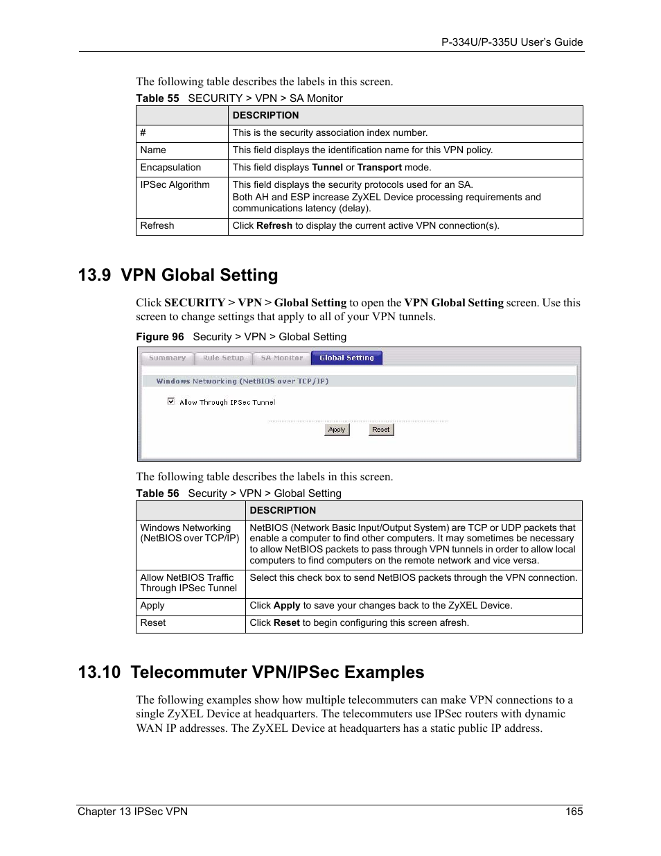 9 vpn global setting, 10 telecommuter vpn/ipsec examples, Figure 96 security > vpn > global setting | ZyXEL Communications P-334U User Manual | Page 165 / 335