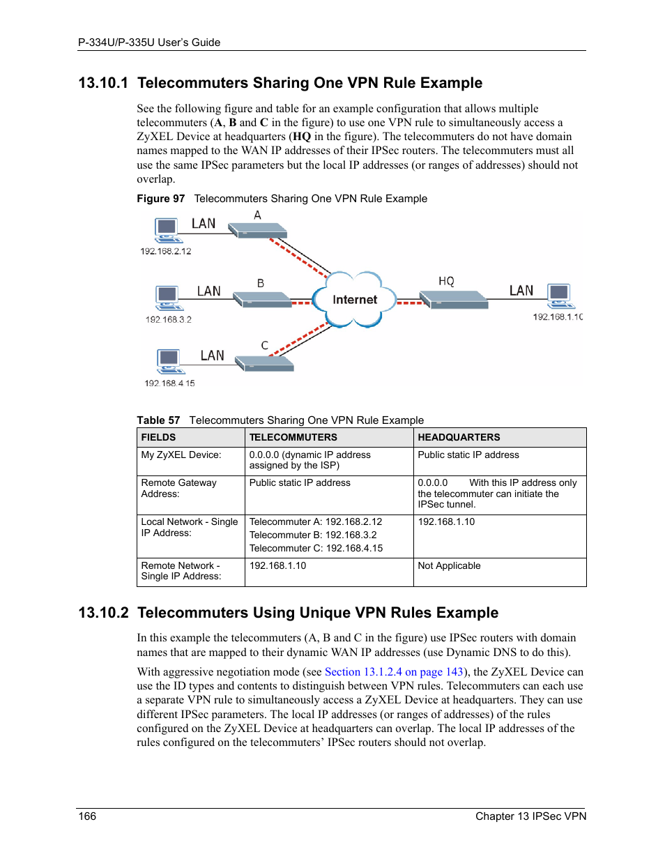 1 telecommuters sharing one vpn rule example, 2 telecommuters using unique vpn rules example | ZyXEL Communications P-334U User Manual | Page 166 / 335