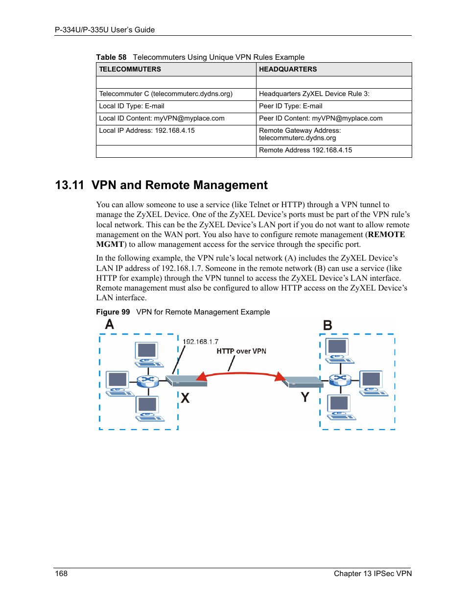 11 vpn and remote management, Figure 99 vpn for remote management example | ZyXEL Communications P-334U User Manual | Page 168 / 335