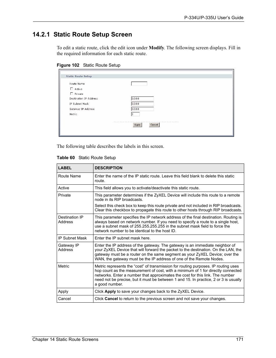 1 static route setup screen, Figure 102 static route setup, Table 60 static route setup | ZyXEL Communications P-334U User Manual | Page 171 / 335