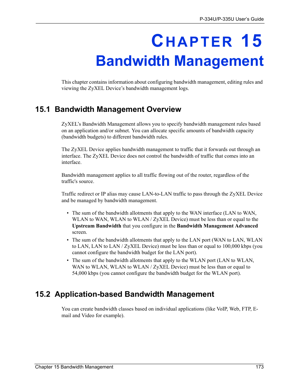 Bandwidth management, 1 bandwidth management overview, 2 application-based bandwidth management | Chapter 15 bandwidth management | ZyXEL Communications P-334U User Manual | Page 173 / 335