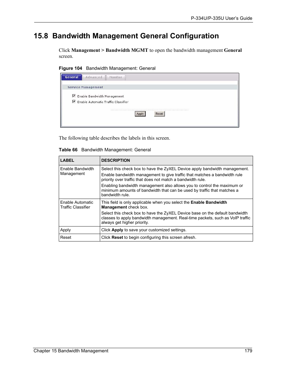 8 bandwidth management general configuration, Figure 104 bandwidth management: general, Table 66 bandwidth management: general | ZyXEL Communications P-334U User Manual | Page 179 / 335