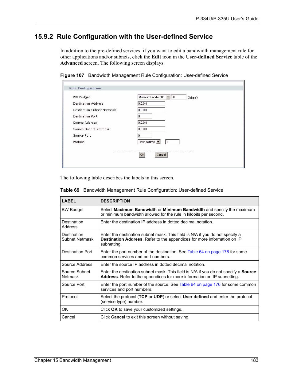 2 rule configuration with the user-defined service | ZyXEL Communications P-334U User Manual | Page 183 / 335