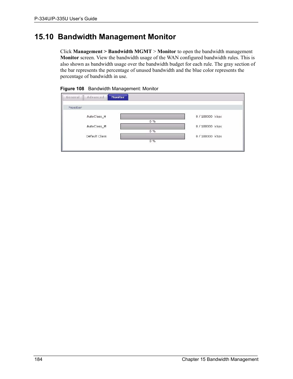 10 bandwidth management monitor, Figure 108 bandwidth management: monitor | ZyXEL Communications P-334U User Manual | Page 184 / 335