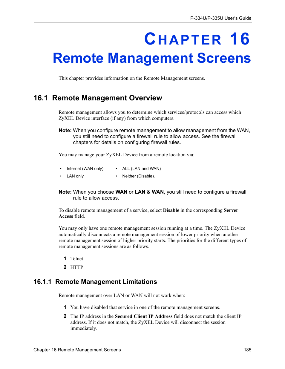 Remote management screens, 1 remote management overview, 1 remote management limitations | Chapter 16 remote management screens | ZyXEL Communications P-334U User Manual | Page 185 / 335