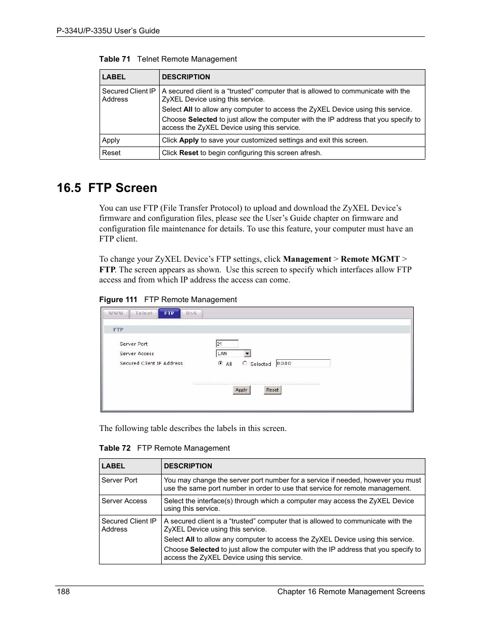 5 ftp screen, Figure 111 ftp remote management, Table 72 ftp remote management | ZyXEL Communications P-334U User Manual | Page 188 / 335