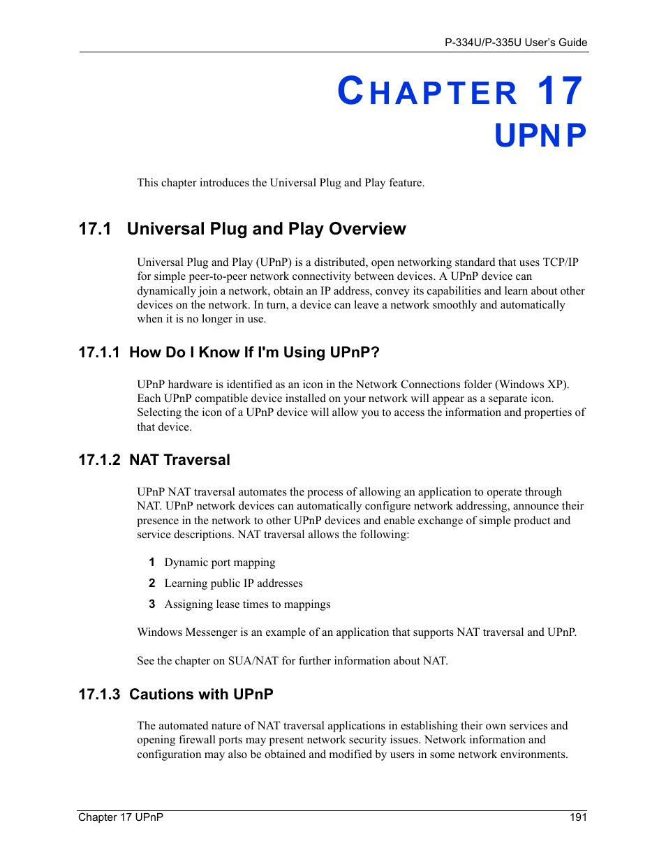 Upnp, 1 universal plug and play overview, 1 how do i know if i'm using upnp | 2 nat traversal, 3 cautions with upnp, Chapter 17 upnp | ZyXEL Communications P-334U User Manual | Page 191 / 335