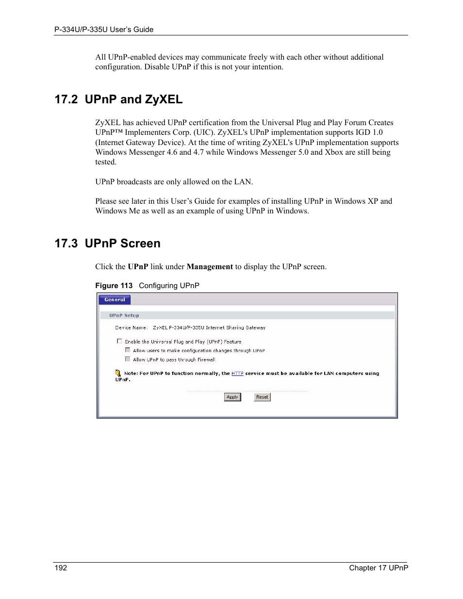 2 upnp and zyxel, 3 upnp screen, 2 upnp and zyxel 17.3 upnp screen | Figure 113 configuring upnp | ZyXEL Communications P-334U User Manual | Page 192 / 335