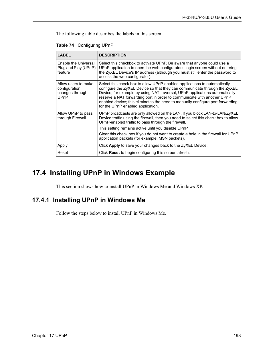 4 installing upnp in windows example, 1 installing upnp in windows me, Table 74 configuring upnp | ZyXEL Communications P-334U User Manual | Page 193 / 335