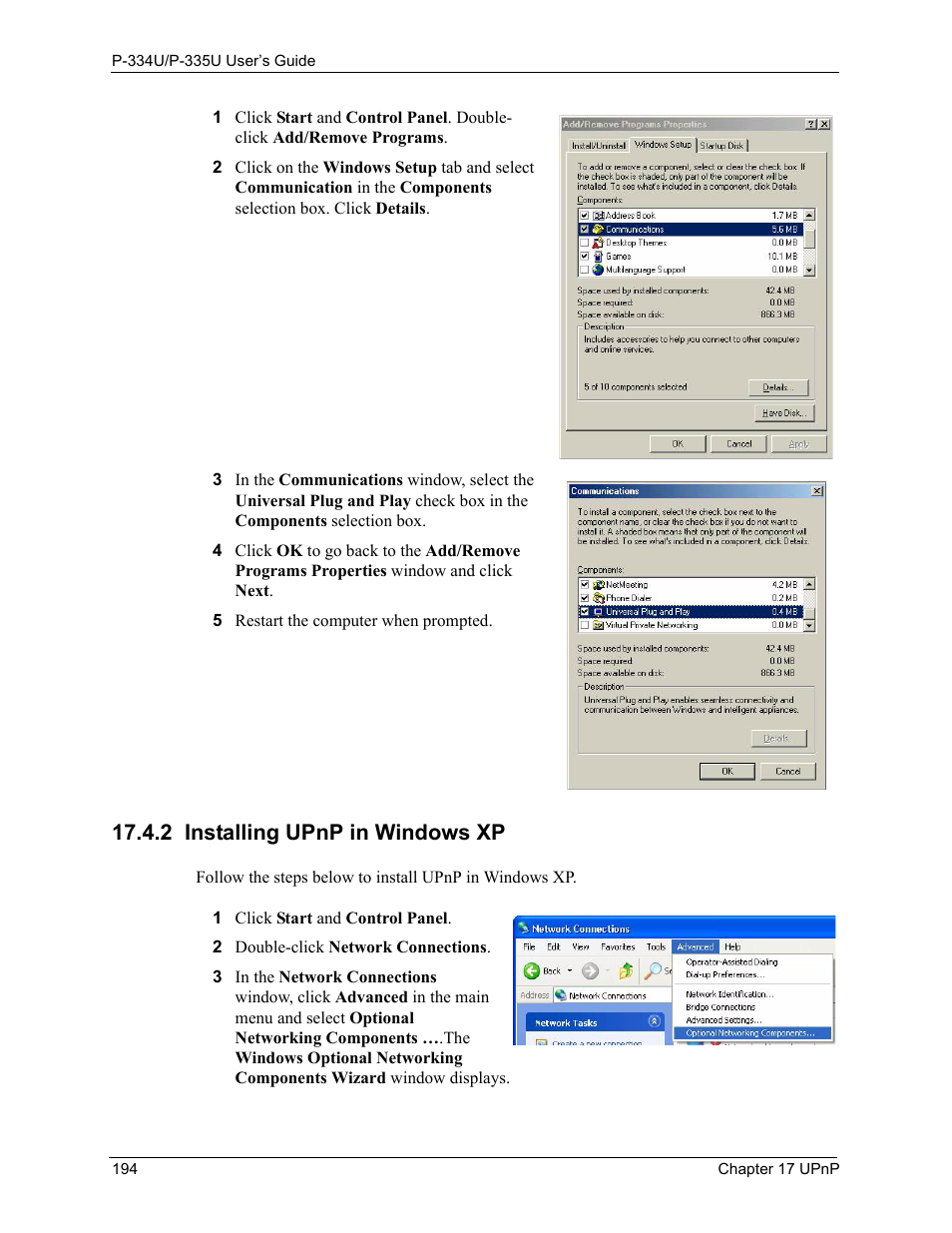 2 installing upnp in windows xp | ZyXEL Communications P-334U User Manual | Page 194 / 335