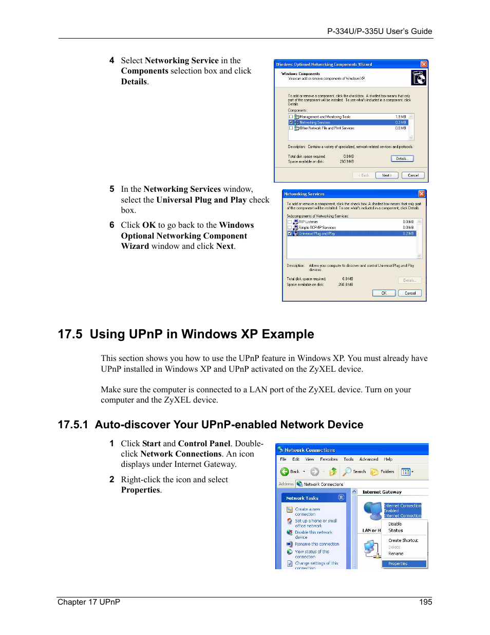 5 using upnp in windows xp example, 1 auto-discover your upnp-enabled network device | ZyXEL Communications P-334U User Manual | Page 195 / 335