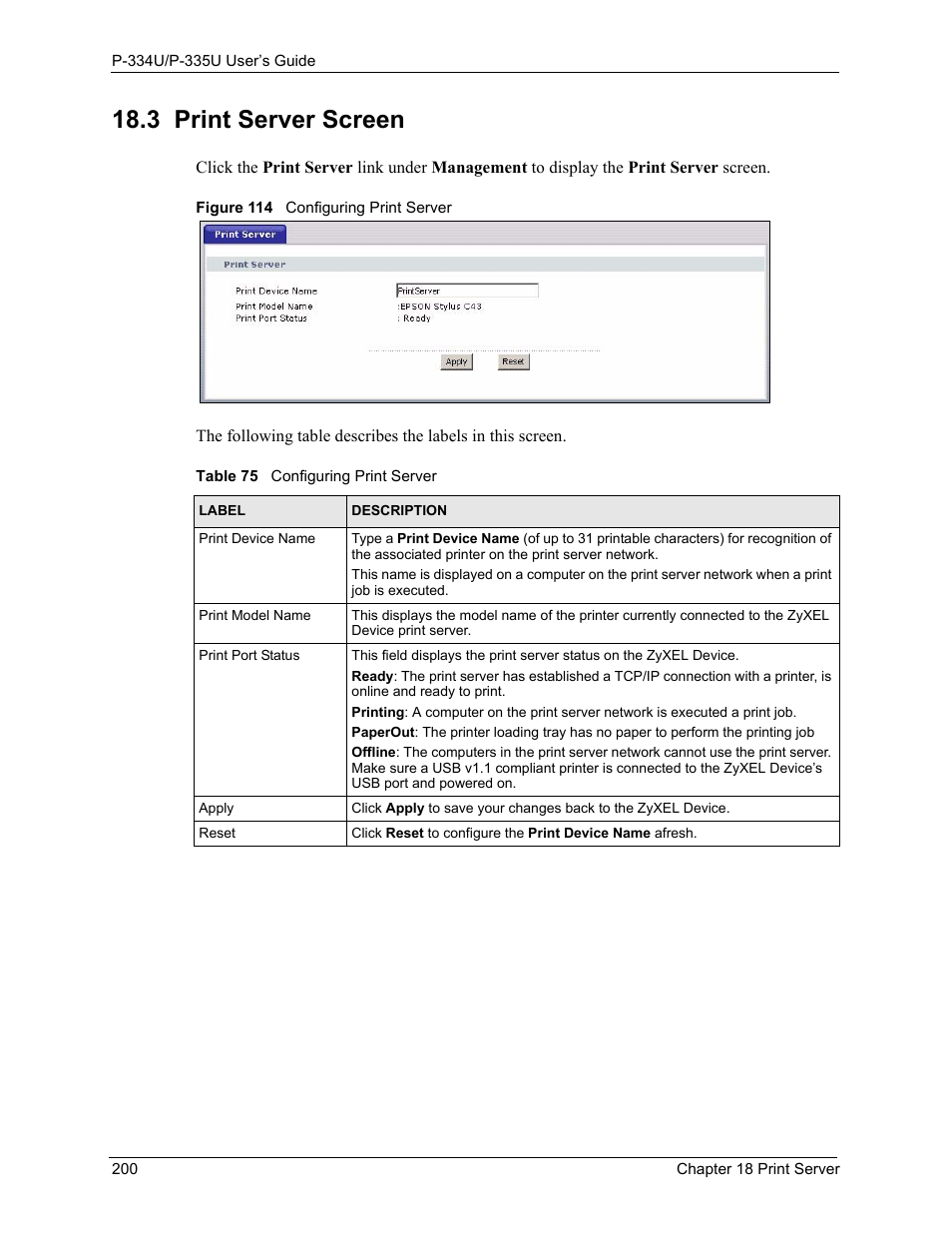 3 print server screen, Figure 114 configuring print server, Table 75 configuring print server | ZyXEL Communications P-334U User Manual | Page 200 / 335