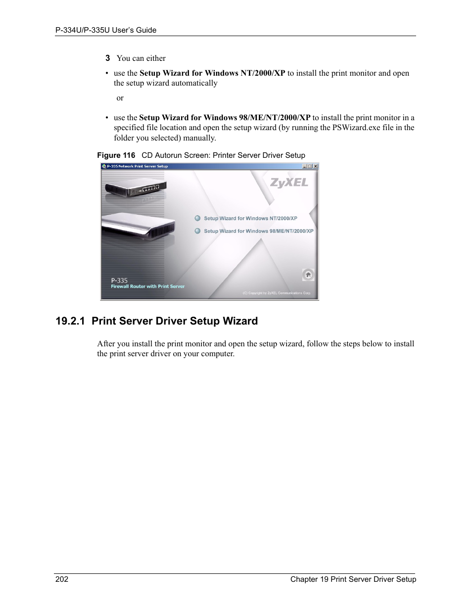 1 print server driver setup wizard | ZyXEL Communications P-334U User Manual | Page 202 / 335