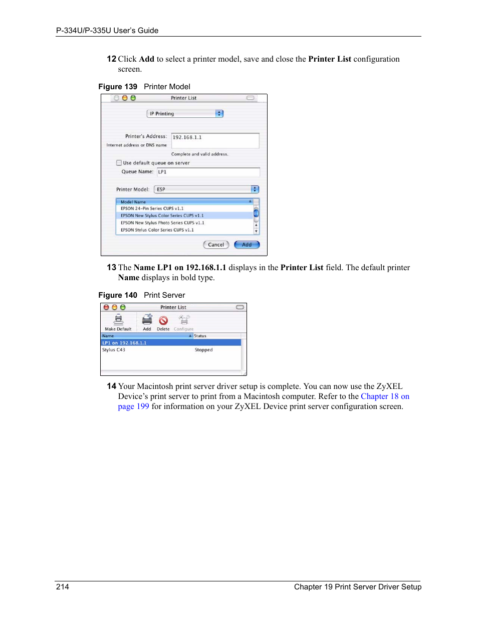 Figure 139 printer model figure 140 print server | ZyXEL Communications P-334U User Manual | Page 214 / 335