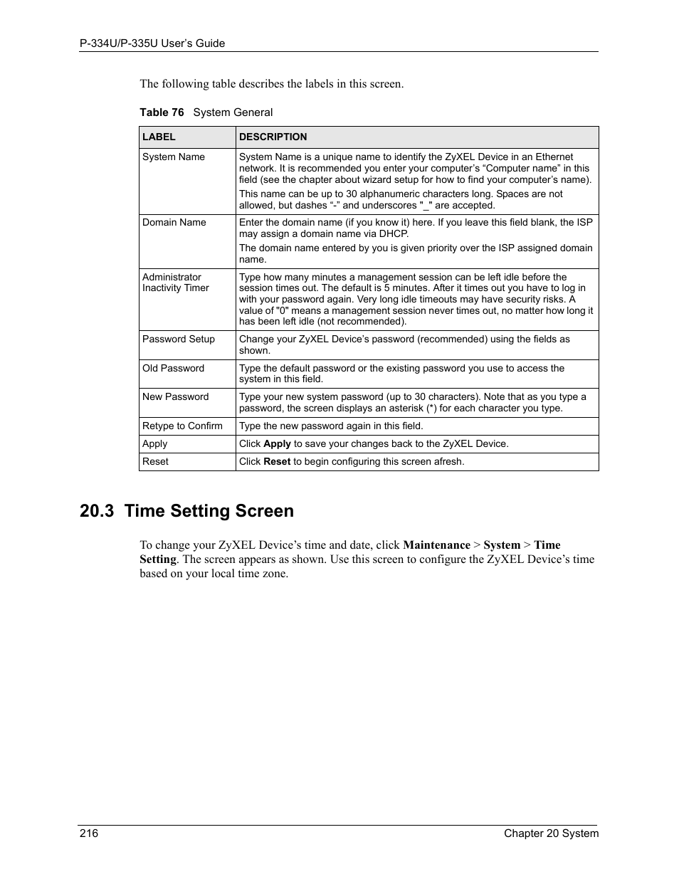 3 time setting screen, Table 76 system general | ZyXEL Communications P-334U User Manual | Page 216 / 335